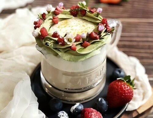 Decorative Matcha Cream Topped Bubble Tea with Dried Strawberry Toppings