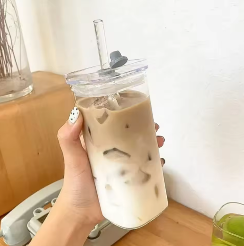 Ins Square High Borosilicate Glass Tumbler with Lid & Straw, Reusable Iced Coffee Milk Tea Cup