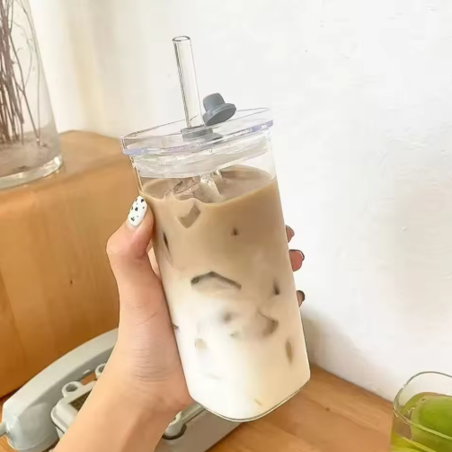 Ins Square High Borosilicate Glass Tumbler with Lid & Straw, Reusable Iced Coffee Milk Tea Cup